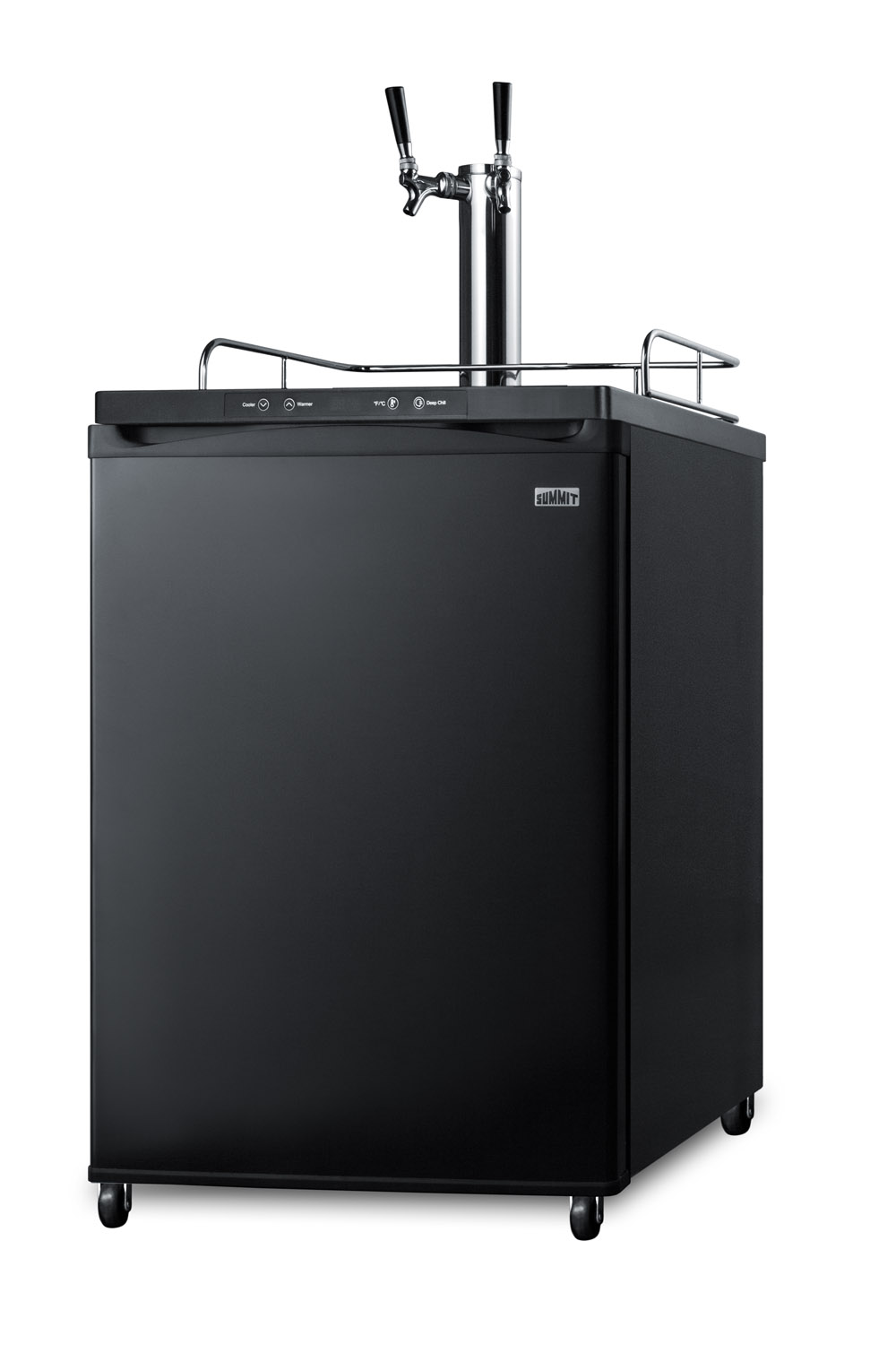Freestanding residential beer dispenser, auto defrost with digital thermostat, black exterior finish, and dual tap system